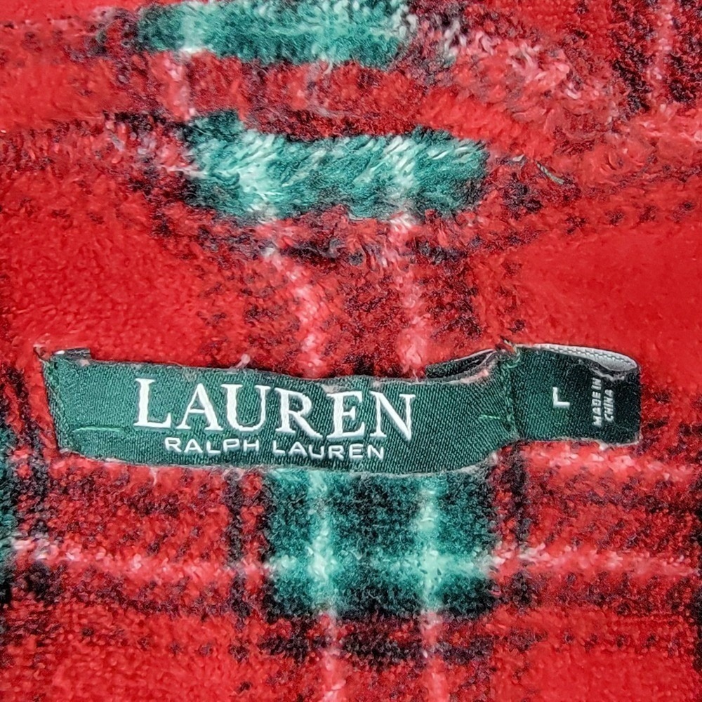Lauren Ralph Lauren Plaid Robe‎ Women Large Red Excellent Fleece Monogram Belted - Picture 6 of 12